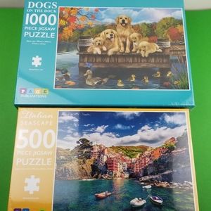 Dogs On The Dock 1000 pcs and Italian Seascape 500 pcs PAGE Publications Puzzle